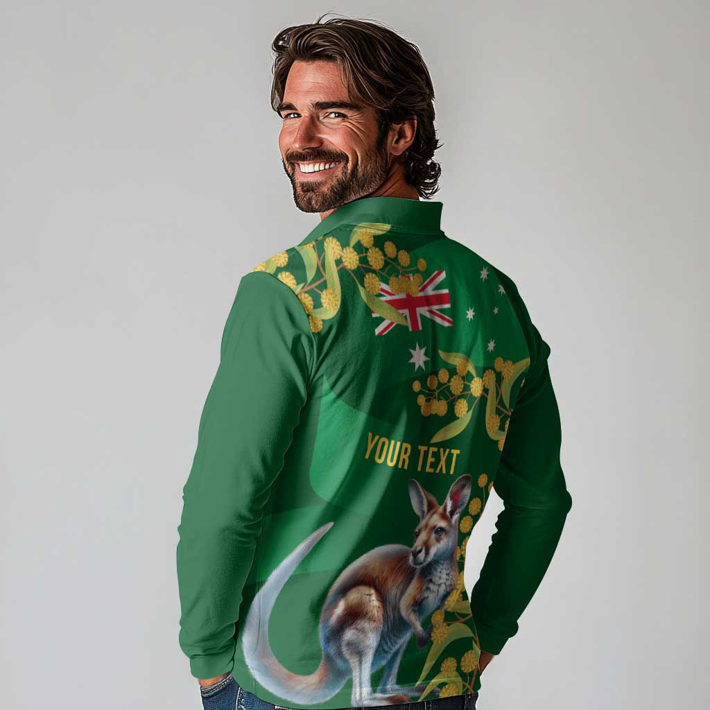 Green Kangaroo and Golden Wattle Personalised Long Sleeve Polo Shirt Happy Australia Day 6 January