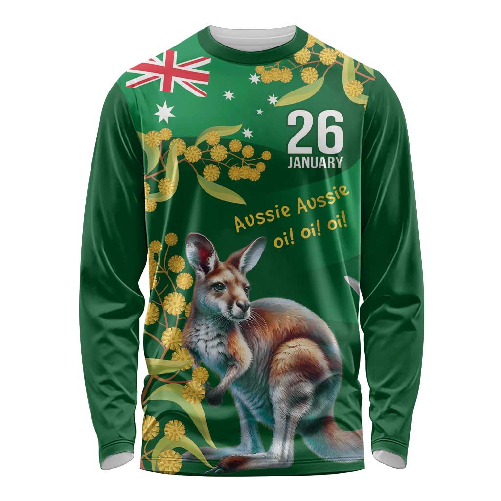 Green Kangaroo and Golden Wattle Personalised Long Sleeve Shirt Happy Australia Day 6 January - Vibe Hoodie Shop