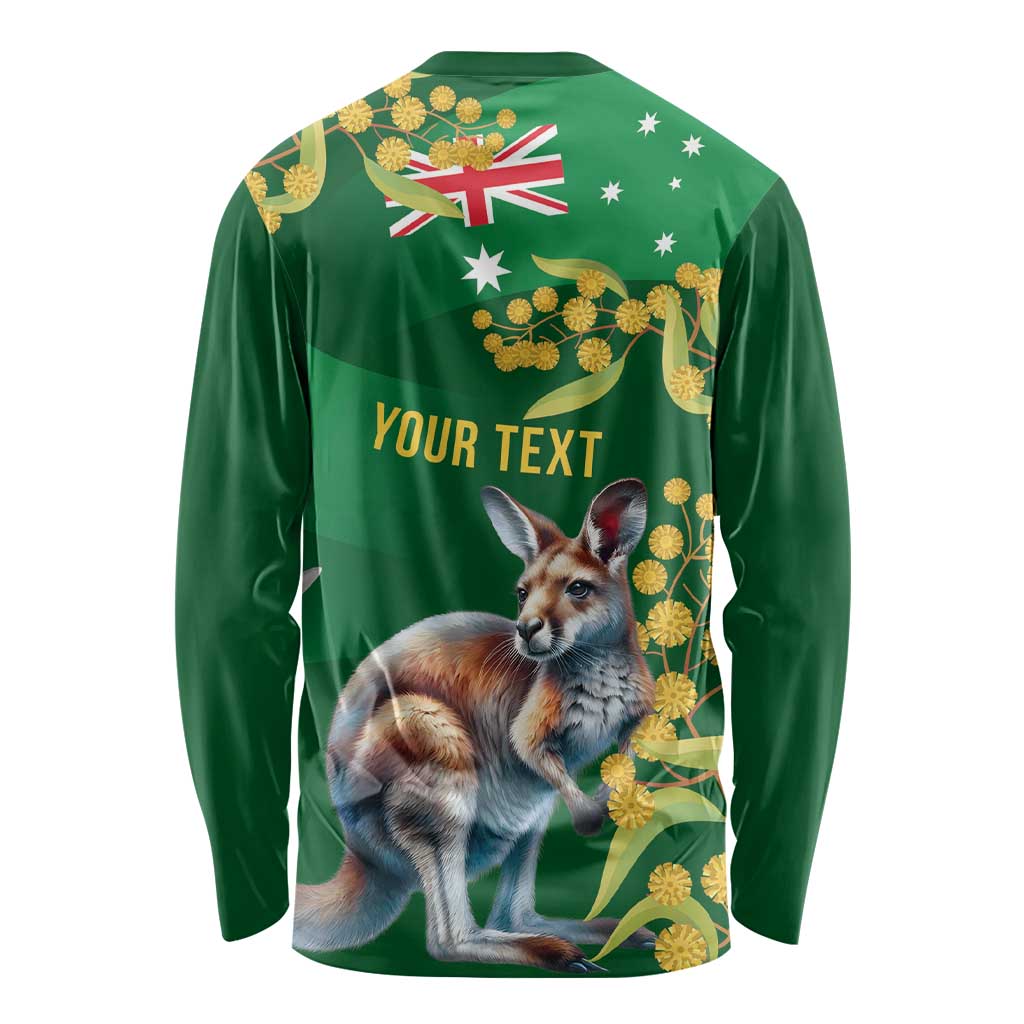 Green Kangaroo and Golden Wattle Personalised Long Sleeve Shirt Happy Australia Day 6 January - Vibe Hoodie Shop