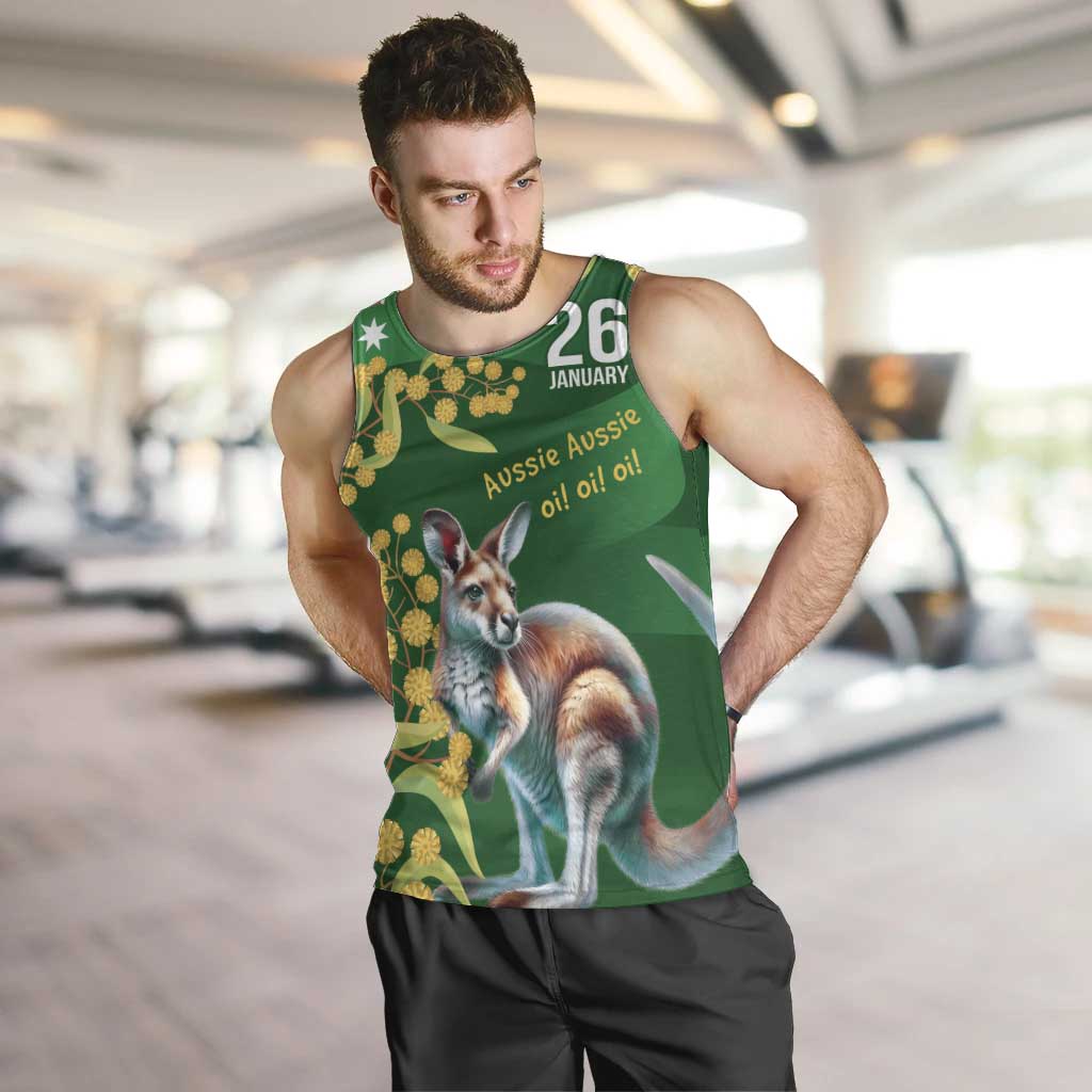 Green Kangaroo and Golden Wattle Personalised Men Tank Top Happy Australia Day 6 January - Vibe Hoodie Shop