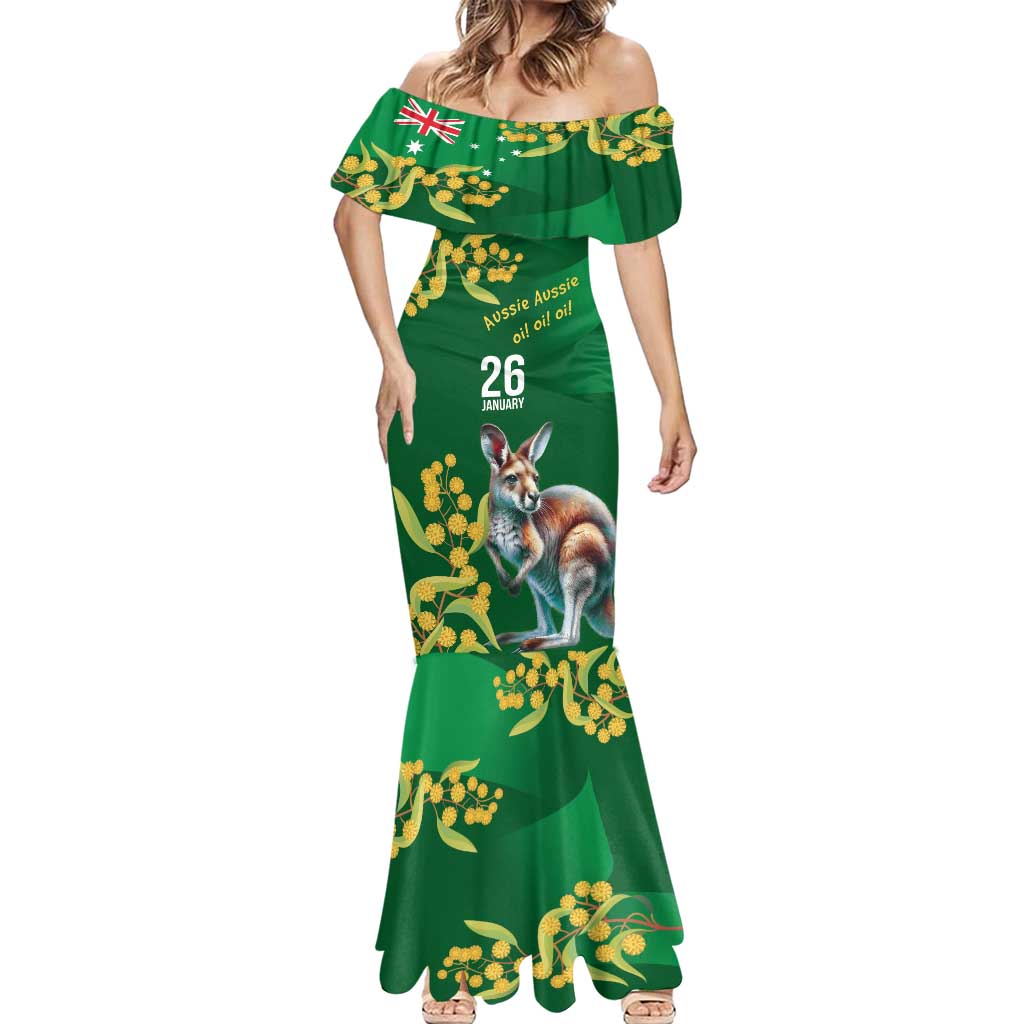 Green Kangaroo and Golden Wattle Personalised Mermaid Dress Happy Australia Day 6 January