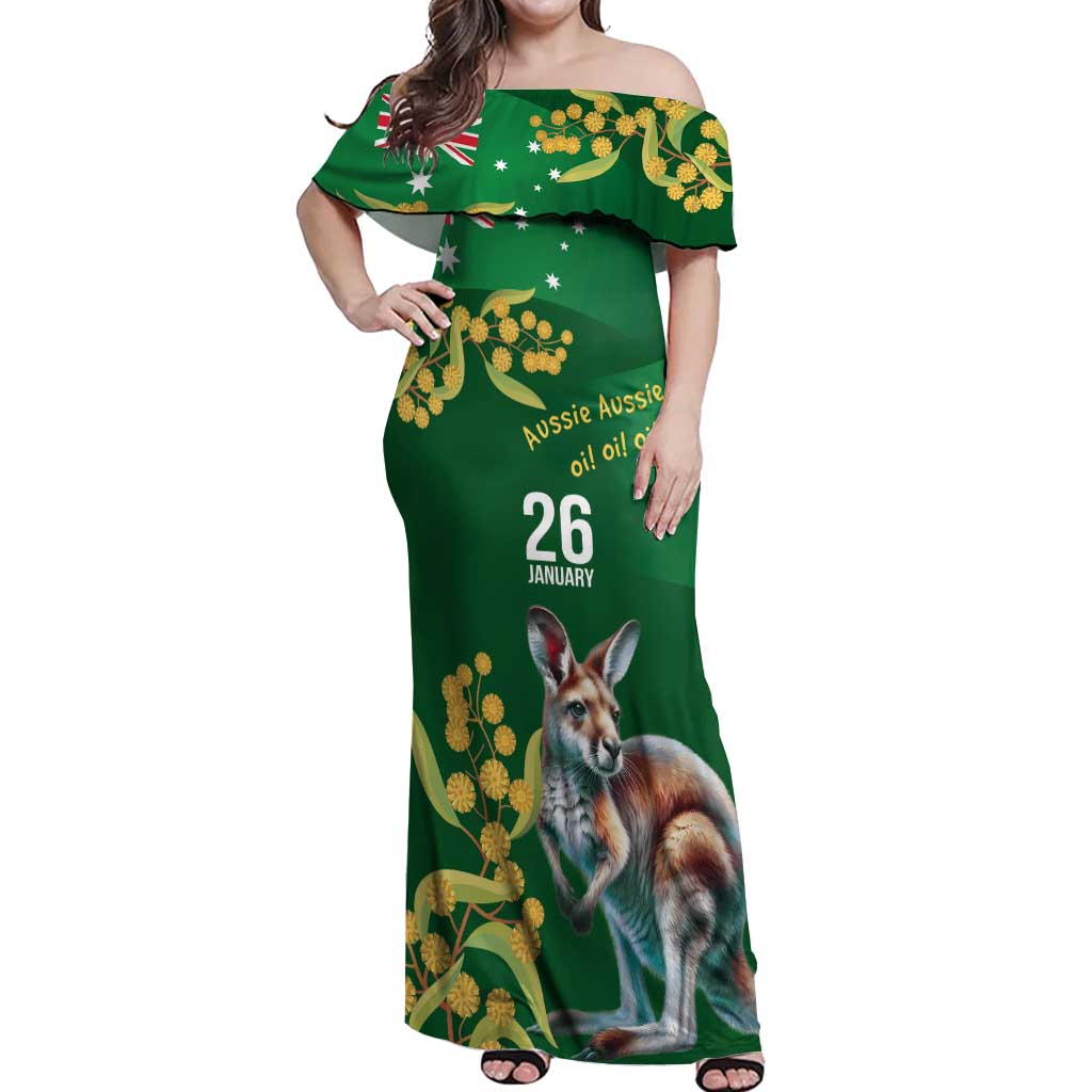 Green Kangaroo and Golden Wattle Personalised Off Shoulder Maxi Dress Happy Australia Day 6 January