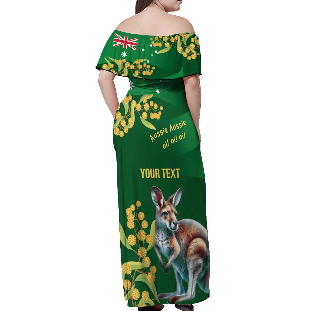 Green Kangaroo and Golden Wattle Personalised Off Shoulder Maxi Dress Happy Australia Day 6 January