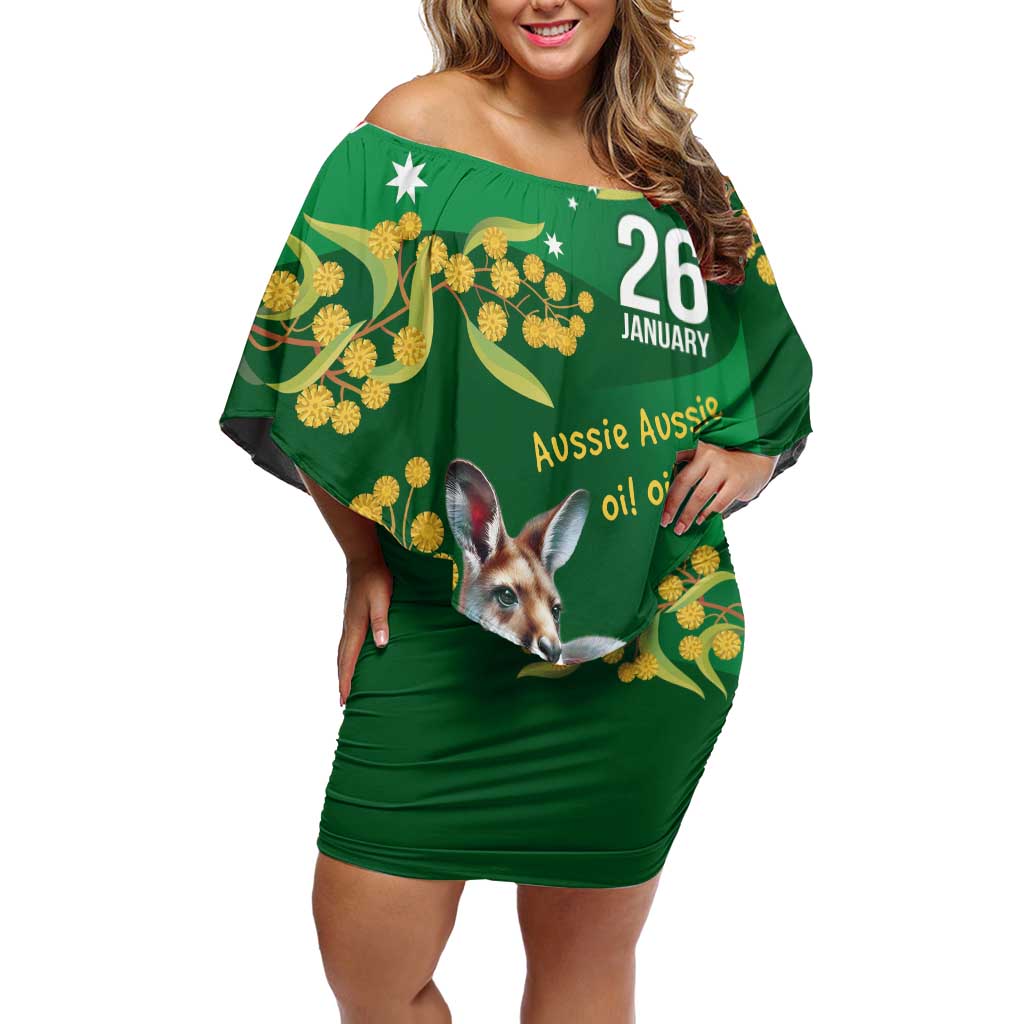 Green Kangaroo and Golden Wattle Personalised Off Shoulder Short Dress Happy Australia Day 6 January