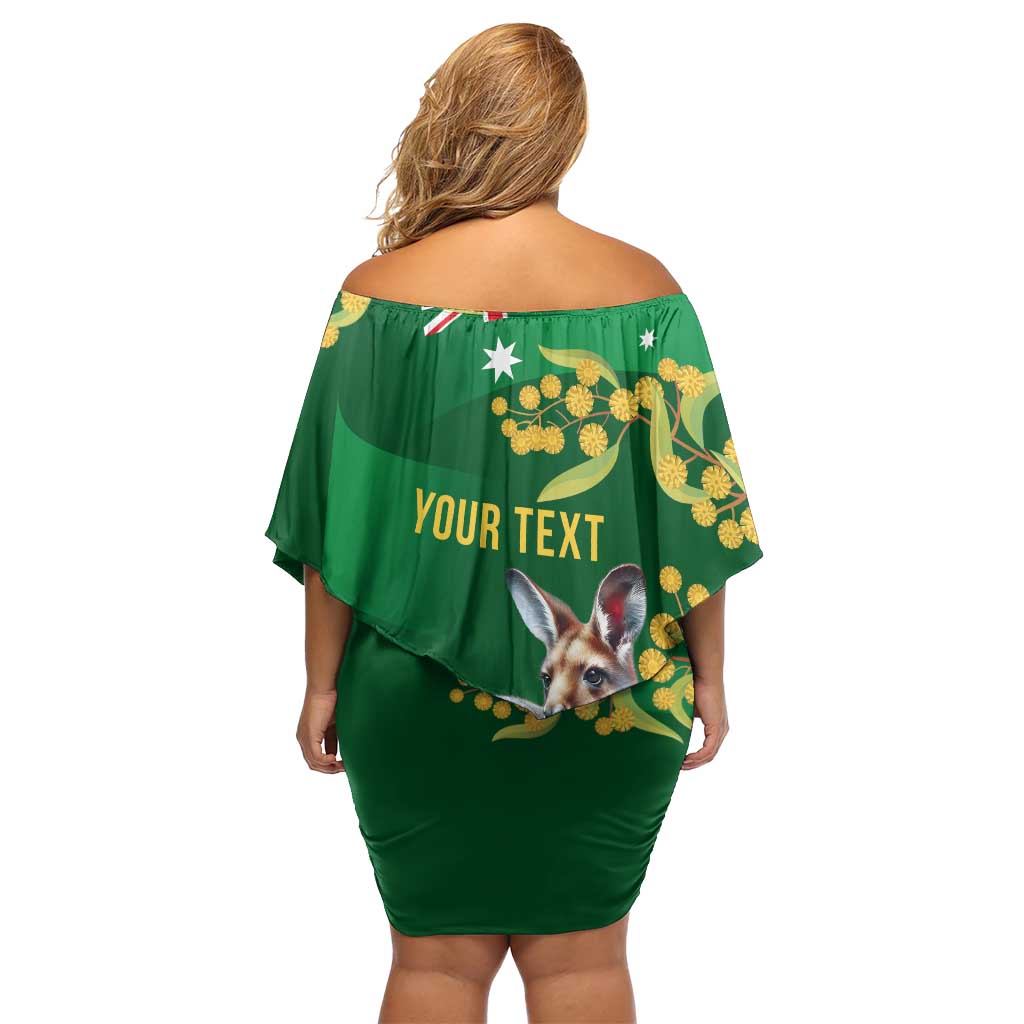 Green Kangaroo and Golden Wattle Personalised Off Shoulder Short Dress Happy Australia Day 6 January