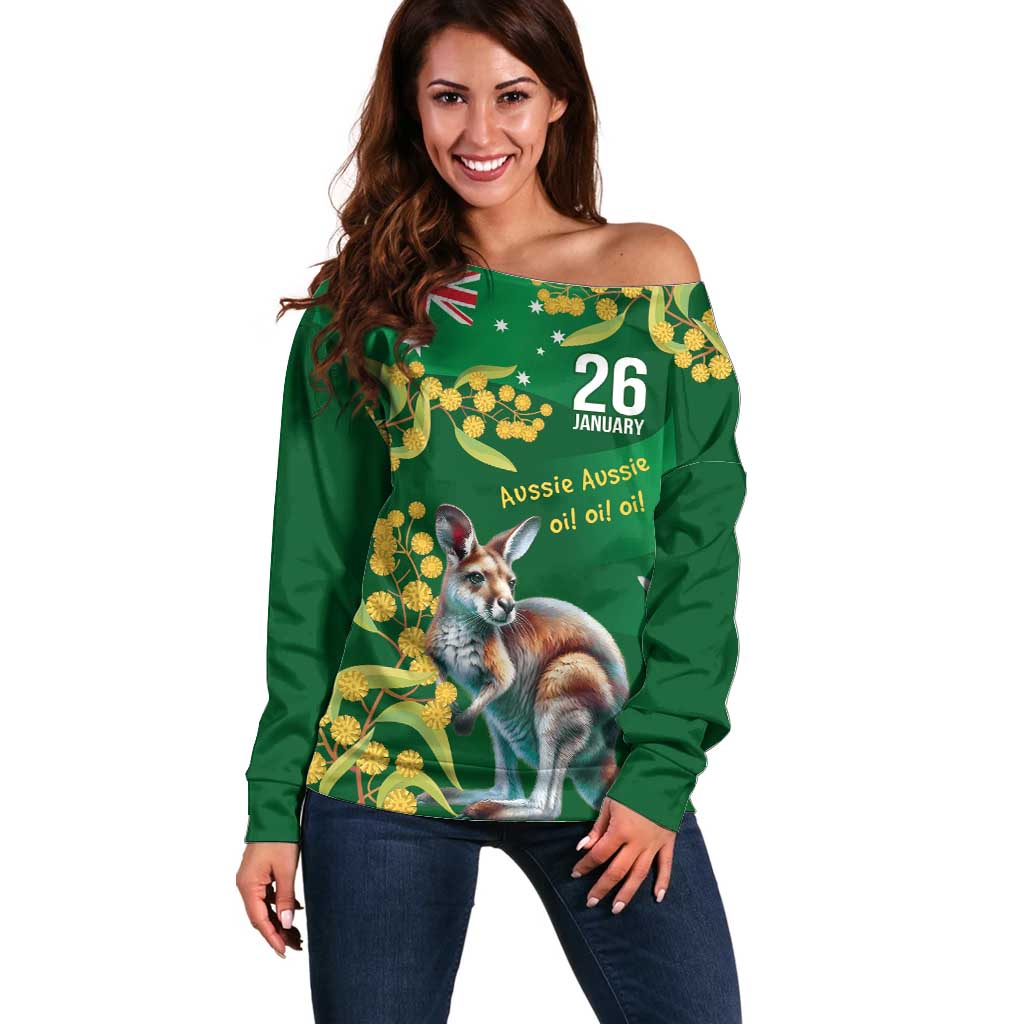 Green Kangaroo and Golden Wattle Personalised Off Shoulder Sweater Happy Australia Day 6 January - Vibe Hoodie Shop