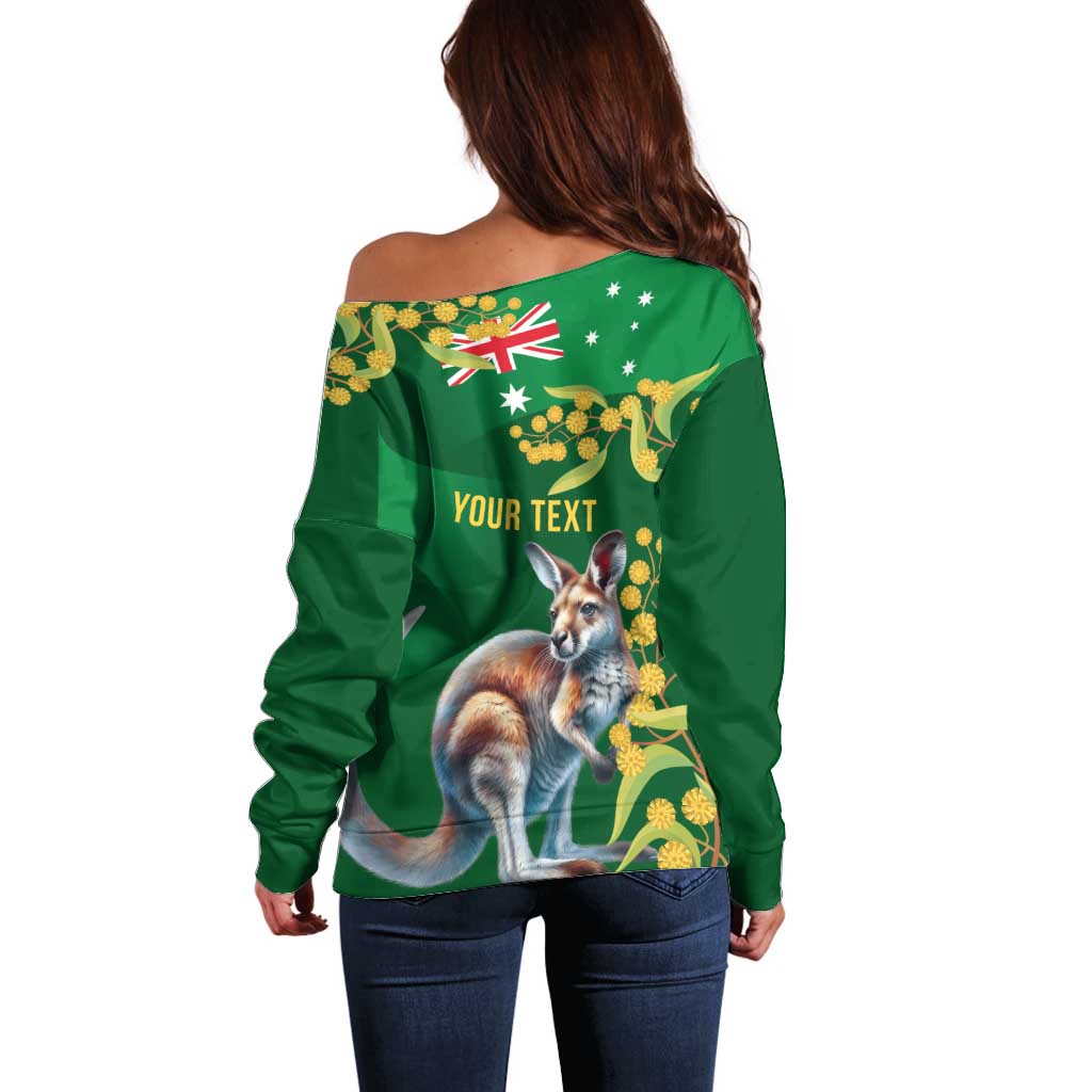 Green Kangaroo and Golden Wattle Personalised Off Shoulder Sweater Happy Australia Day 6 January - Vibe Hoodie Shop