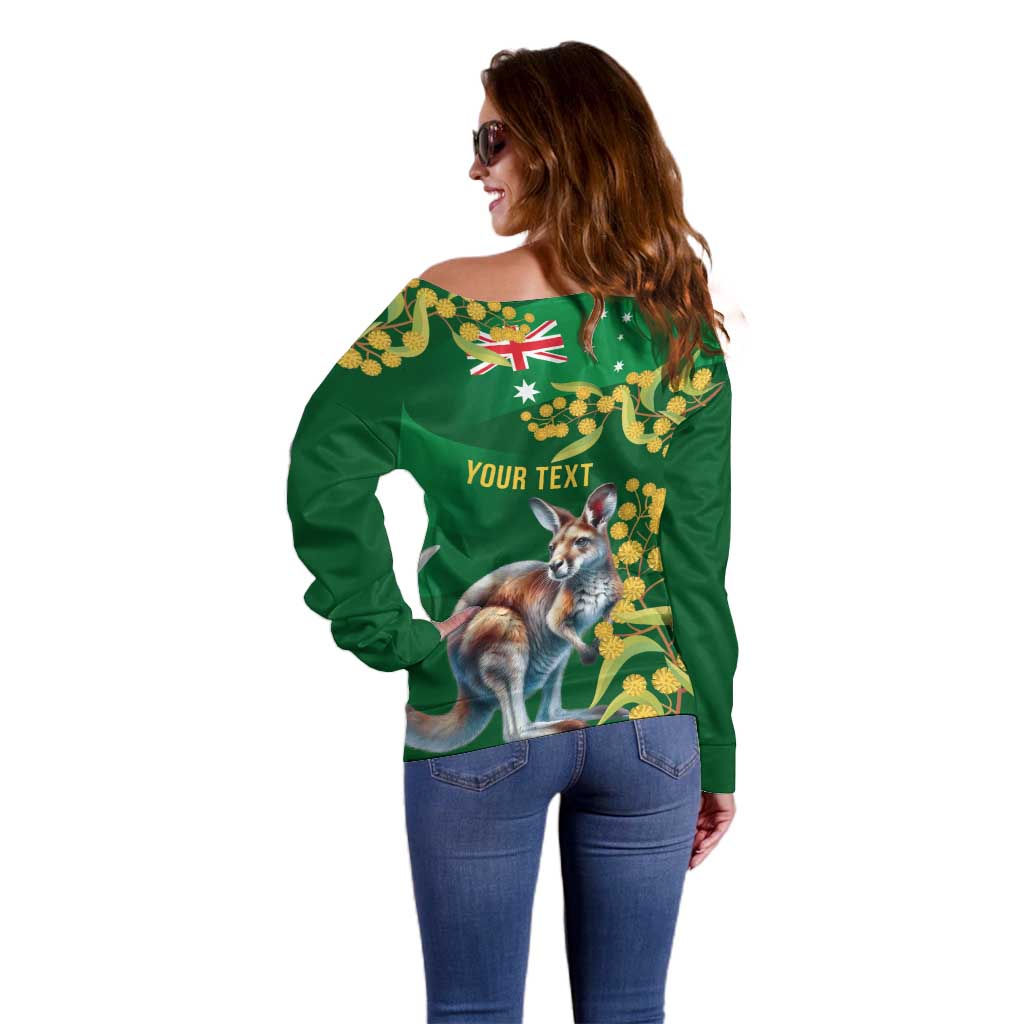 Green Kangaroo and Golden Wattle Personalised Off Shoulder Sweater Happy Australia Day 6 January - Vibe Hoodie Shop