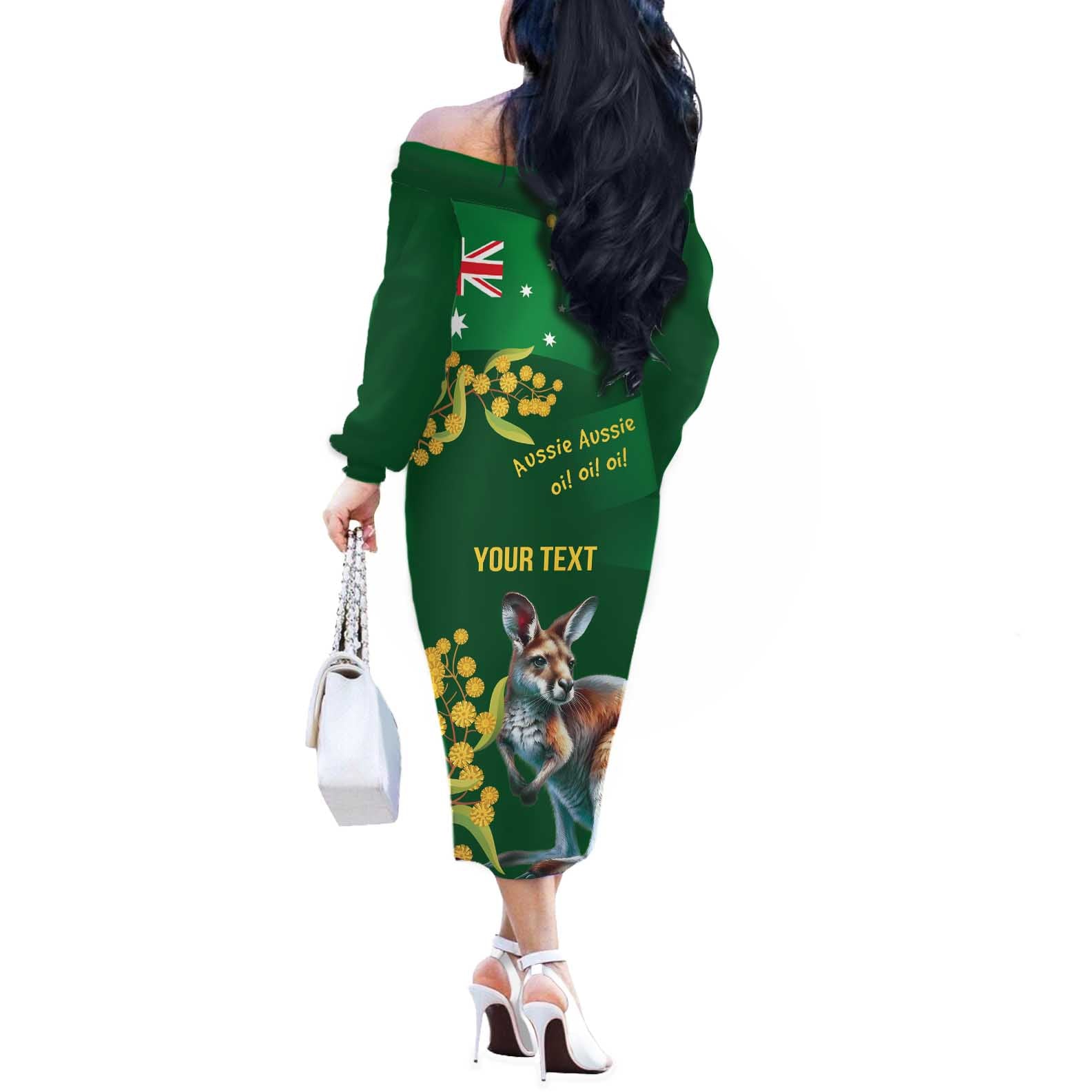 Green Kangaroo and Golden Wattle Personalised Off The Shoulder Long Sleeve Dress Happy Australia Day 6 January