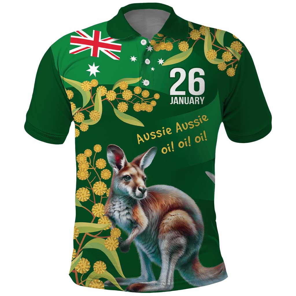 Green Kangaroo and Golden Wattle Personalised Polo Shirt Happy Australia Day 6 January LT9 - Vibe Hoodie Shop