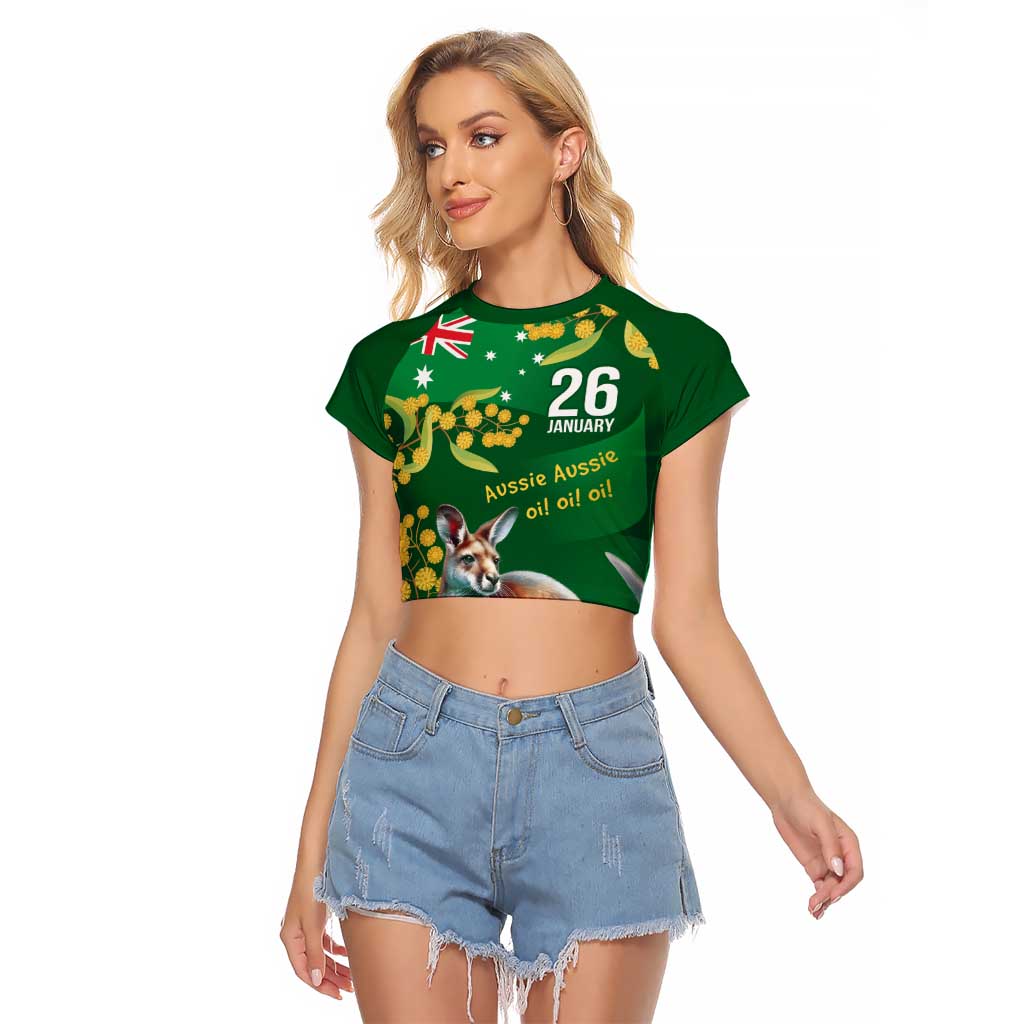 Green Kangaroo and Golden Wattle Personalised Raglan Cropped T Shirt Happy Australia Day 6 January - Vibe Hoodie Shop