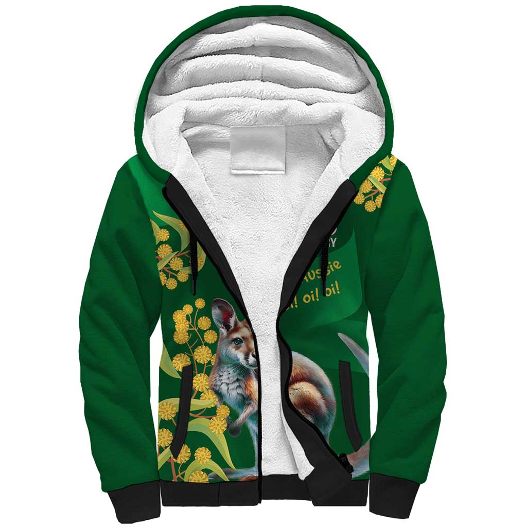 Green Kangaroo and Golden Wattle Personalised Sherpa Hoodie Happy Australia Day 6 January - Vibe Hoodie Shop