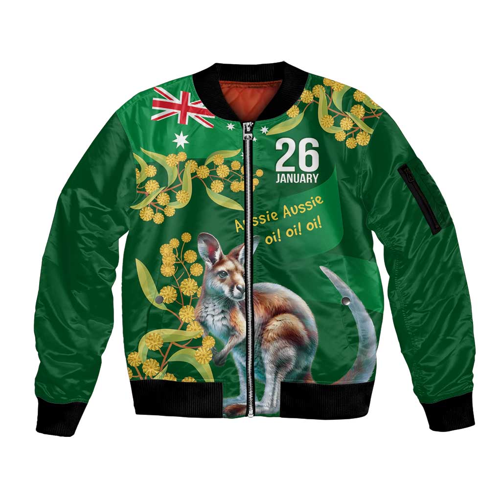 Green Kangaroo and Golden Wattle Personalised Sleeve Zip Bomber Jacket Happy Australia Day 6 January