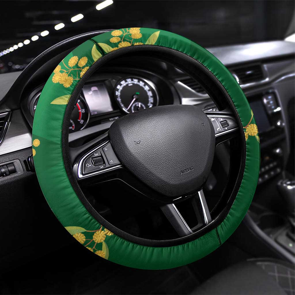 Green Kangaroo and Golden Wattle Steering Wheel Cover Happy Australia Day 6 January