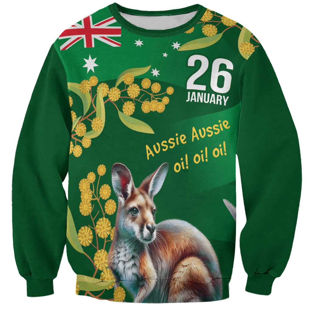 Green Kangaroo and Golden Wattle Personalised Sweatshirt Happy Australia Day 6 January - Vibe Hoodie Shop