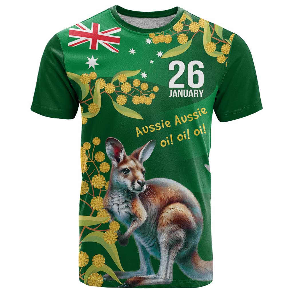 Green Kangaroo and Golden Wattle Personalised T Shirt Happy Australia Day 6 January LT9 - Vibe Hoodie Shop