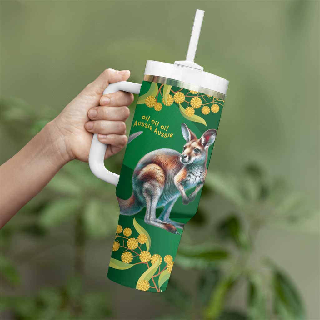 Green Kangaroo and Golden Wattle Personalised Tumbler With Handle Happy Australia Day 6 January