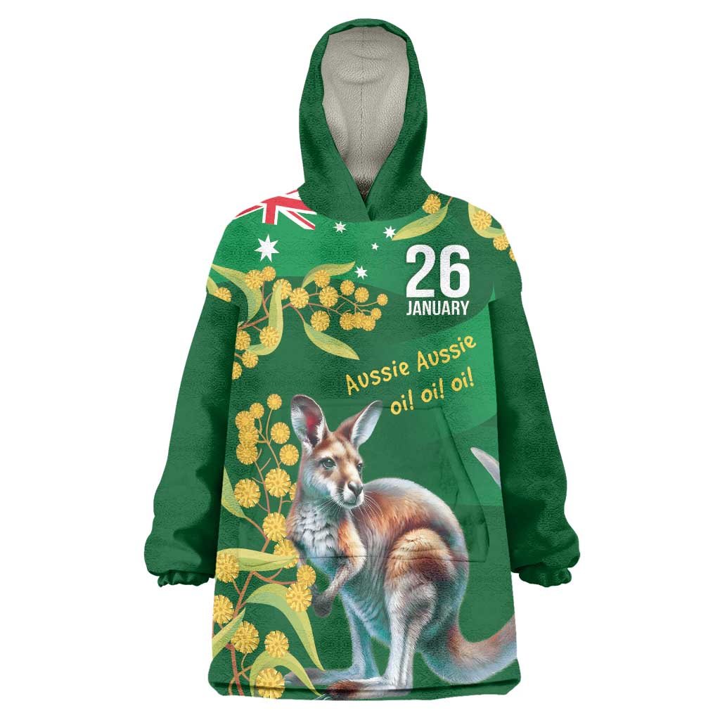 Green Kangaroo and Golden Wattle Personalised Wearable Blanket Hoodie Happy Australia Day 6 January - Vibe Hoodie Shop