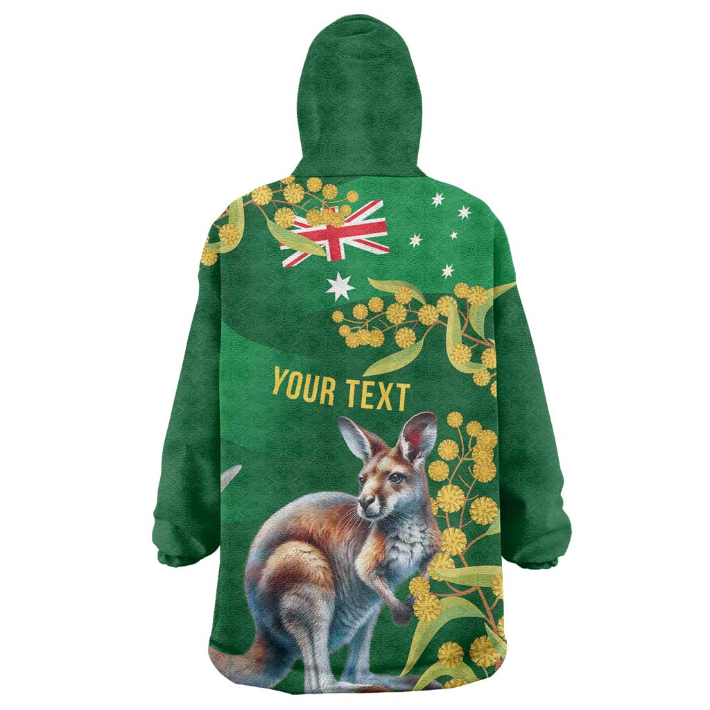 Green Kangaroo and Golden Wattle Personalised Wearable Blanket Hoodie Happy Australia Day 6 January - Vibe Hoodie Shop