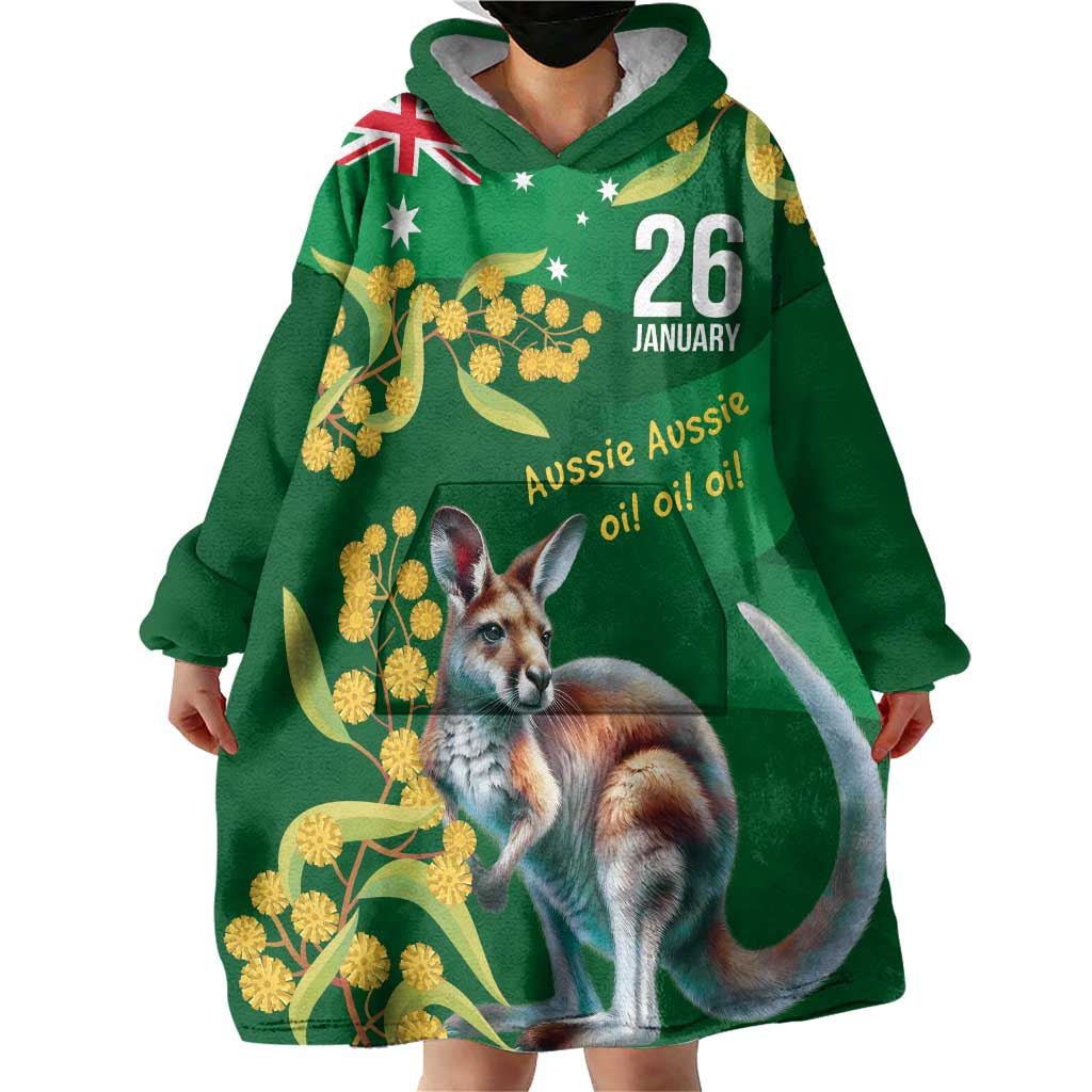 Green Kangaroo and Golden Wattle Personalised Wearable Blanket Hoodie Happy Australia Day 6 January - Vibe Hoodie Shop