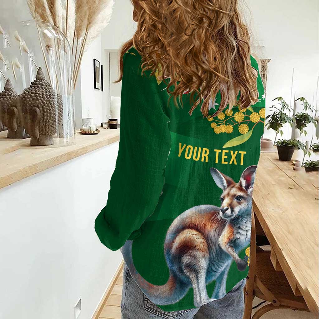 Green Kangaroo and Golden Wattle Personalised Women Casual Shirt Happy Australia Day 6 January - Vibe Hoodie Shop