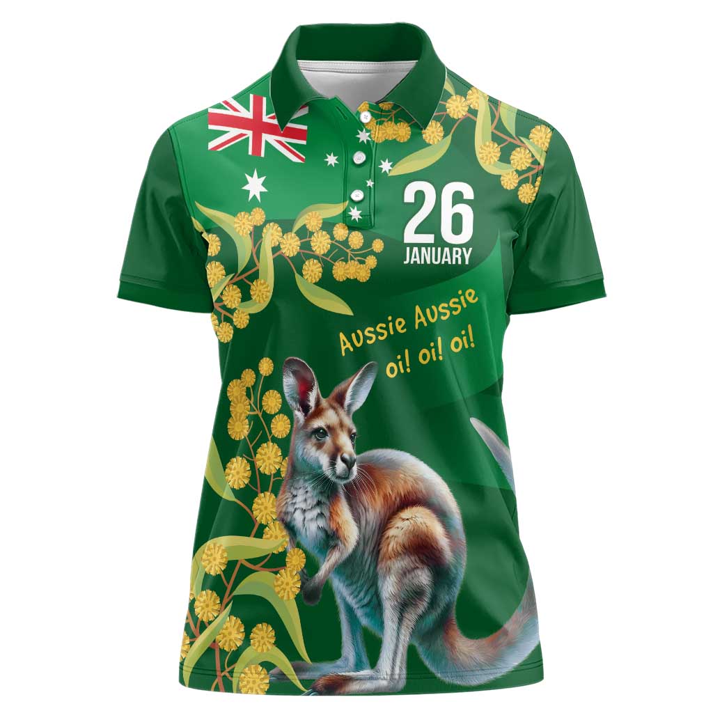 Green Kangaroo and Golden Wattle Personalised Women Polo Shirt Happy Australia Day 6 January - Vibe Hoodie Shop