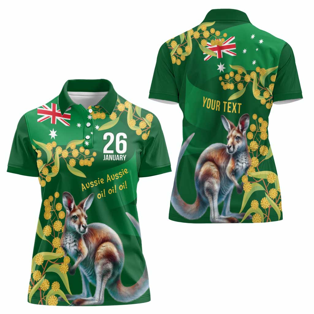 Green Kangaroo and Golden Wattle Personalised Women Polo Shirt Happy Australia Day 6 January - Vibe Hoodie Shop