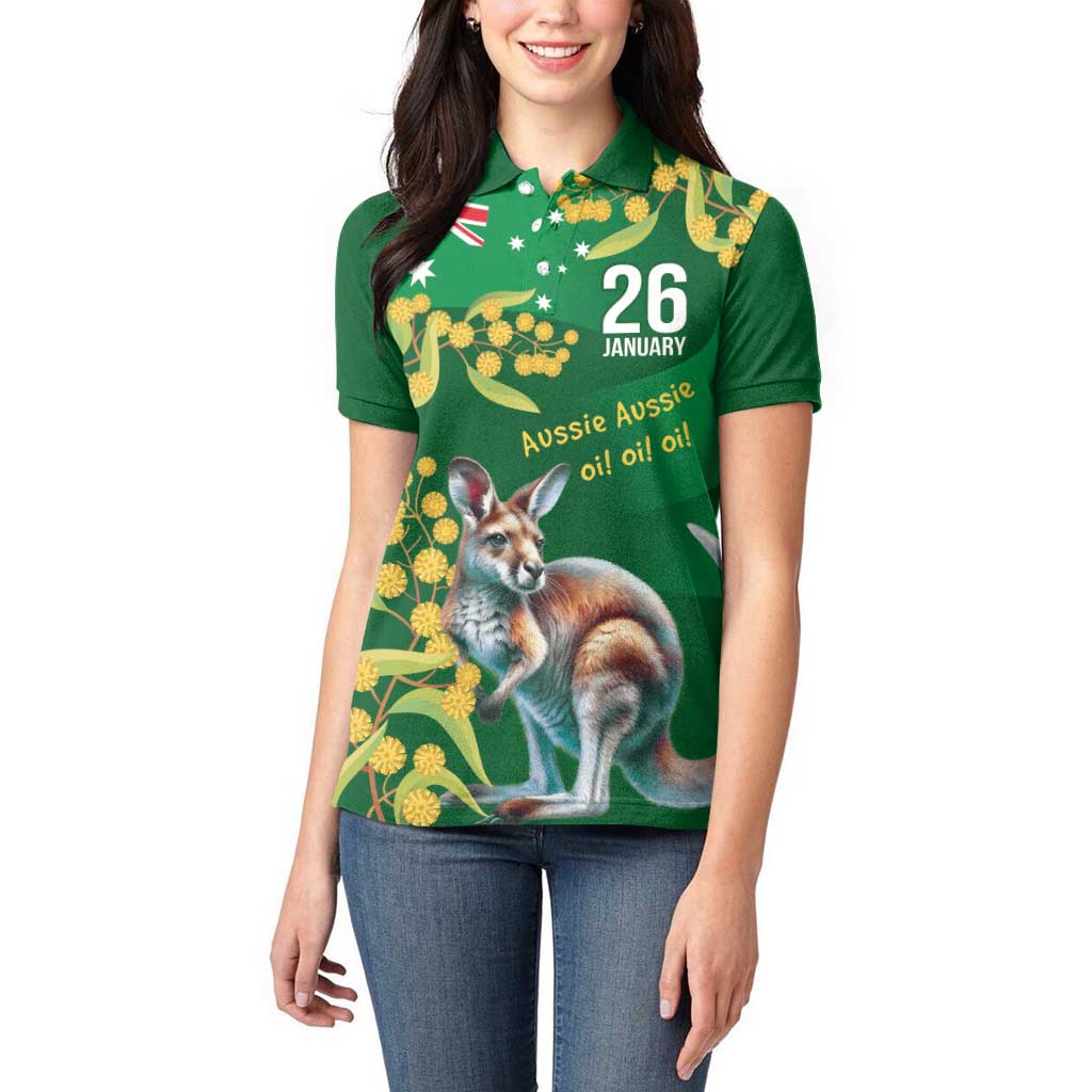 Green Kangaroo and Golden Wattle Personalised Women Polo Shirt Happy Australia Day 6 January - Vibe Hoodie Shop