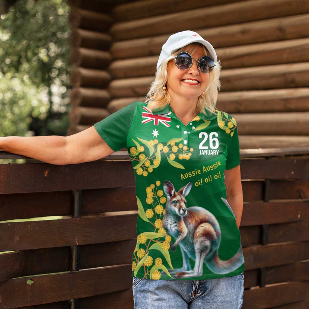 Green Kangaroo and Golden Wattle Personalised Women Polo Shirt Happy Australia Day 6 January - Vibe Hoodie Shop