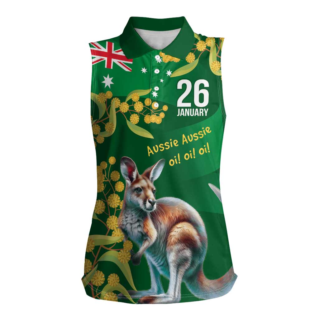 Green Kangaroo and Golden Wattle Personalised Women Sleeveless Polo Shirt Happy Australia Day 6 January