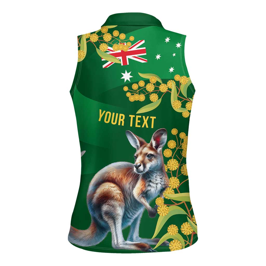 Green Kangaroo and Golden Wattle Personalised Women Sleeveless Polo Shirt Happy Australia Day 6 January