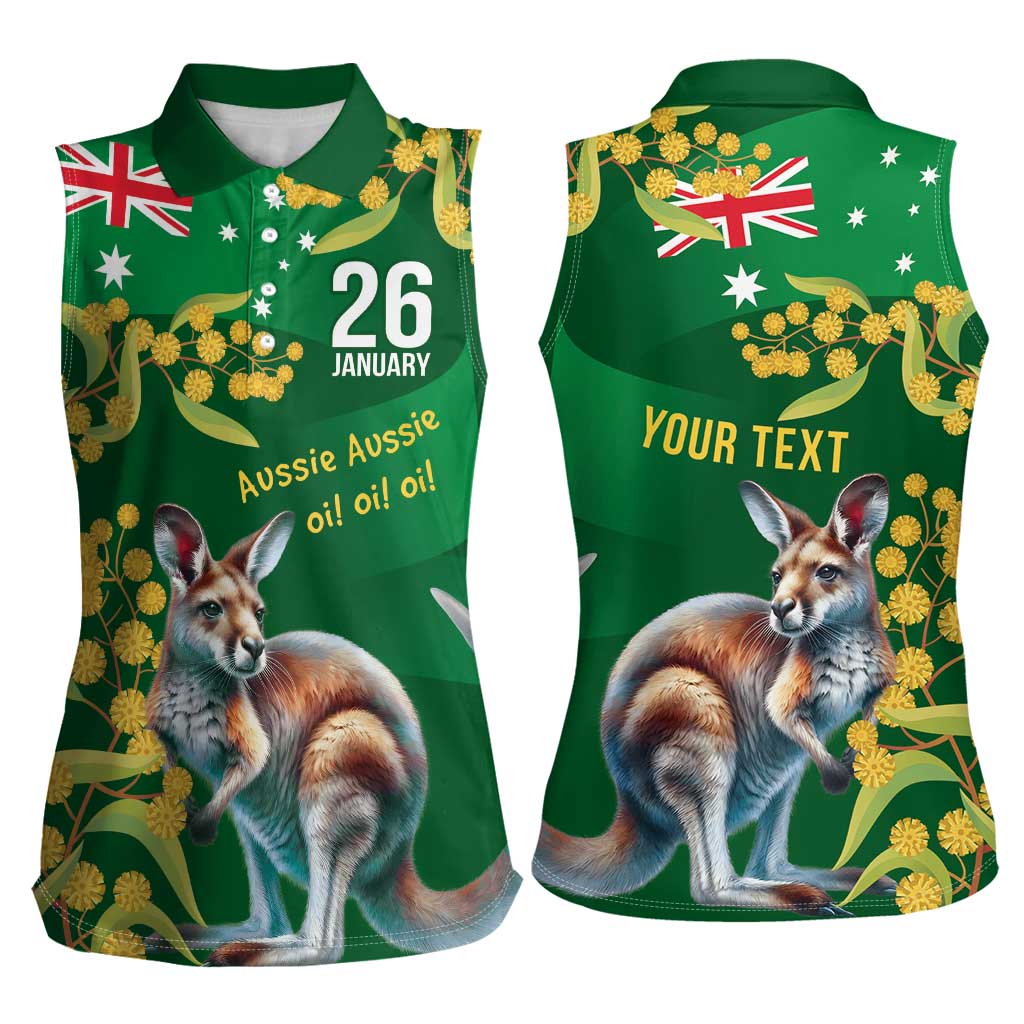 Green Kangaroo and Golden Wattle Personalised Women Sleeveless Polo Shirt Happy Australia Day 6 January