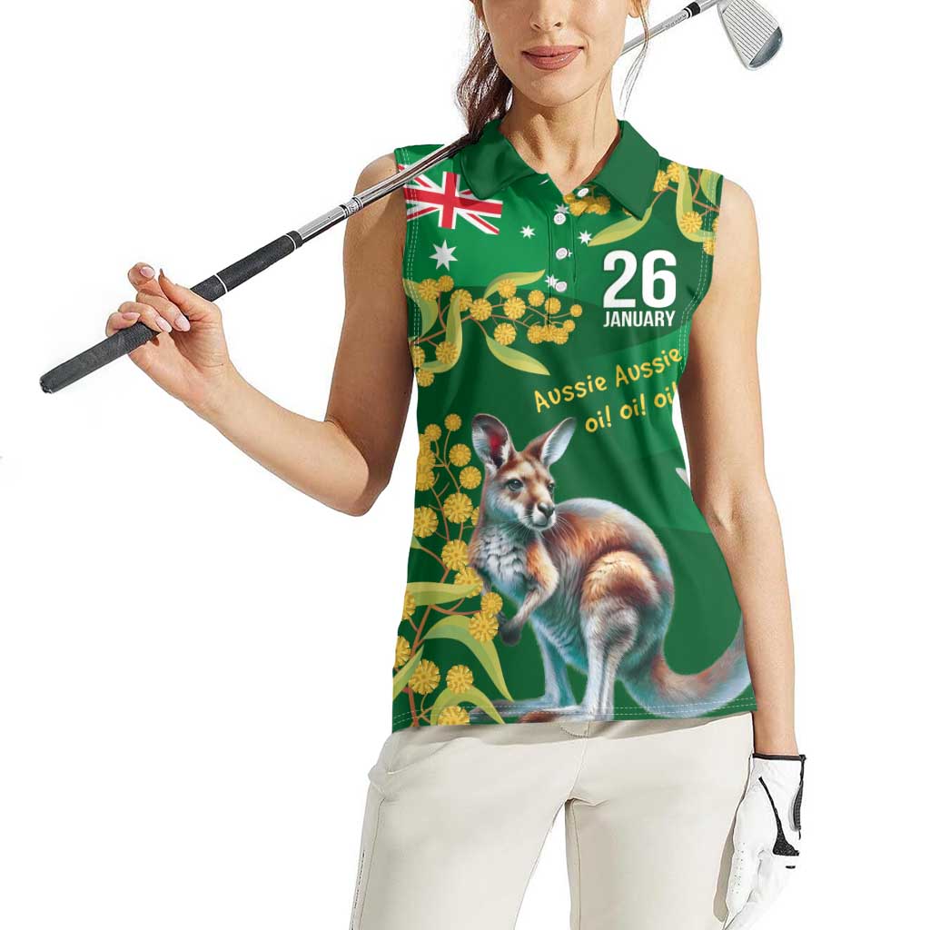 Green Kangaroo and Golden Wattle Personalised Women Sleeveless Polo Shirt Happy Australia Day 6 January