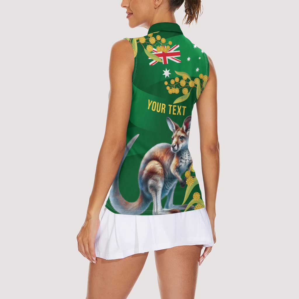 Green Kangaroo and Golden Wattle Personalised Women Sleeveless Polo Shirt Happy Australia Day 6 January