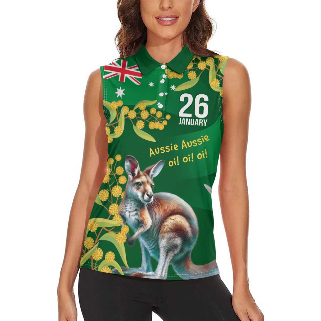 Green Kangaroo and Golden Wattle Personalised Women Sleeveless Polo Shirt Happy Australia Day 6 January