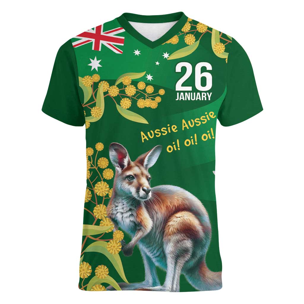 Green Kangaroo and Golden Wattle Personalised Women V-Neck T-Shirt Happy Australia Day 6 January - Vibe Hoodie Shop