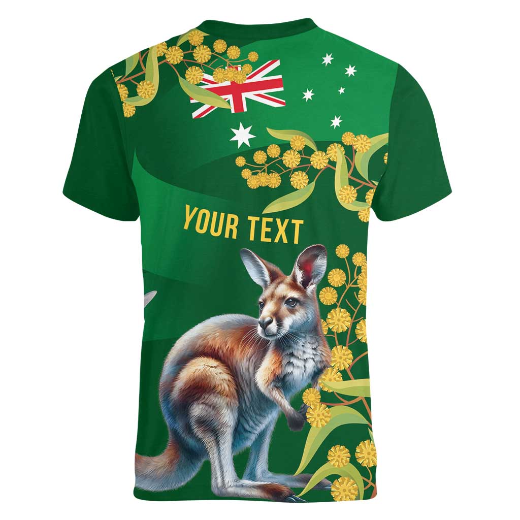 Green Kangaroo and Golden Wattle Personalised Women V-Neck T-Shirt Happy Australia Day 6 January - Vibe Hoodie Shop