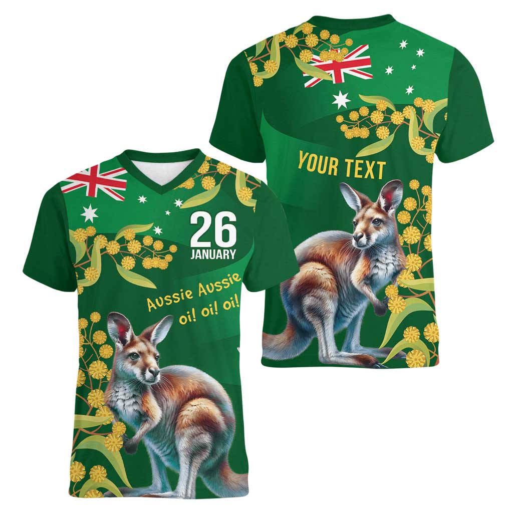 Green Kangaroo and Golden Wattle Personalised Women V-Neck T-Shirt Happy Australia Day 6 January - Vibe Hoodie Shop