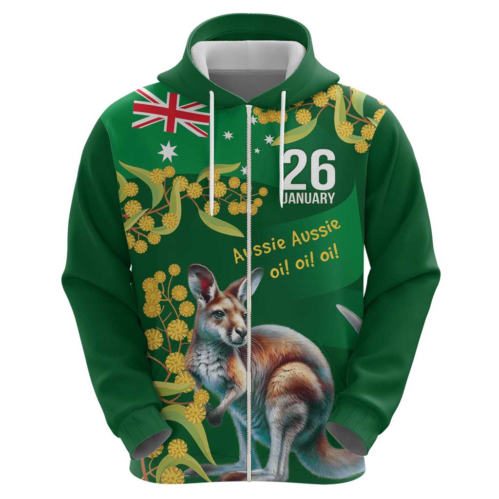 Green Kangaroo and Golden Wattle Personalised Zip Hoodie Happy Australia Day 6 January - Vibe Hoodie Shop