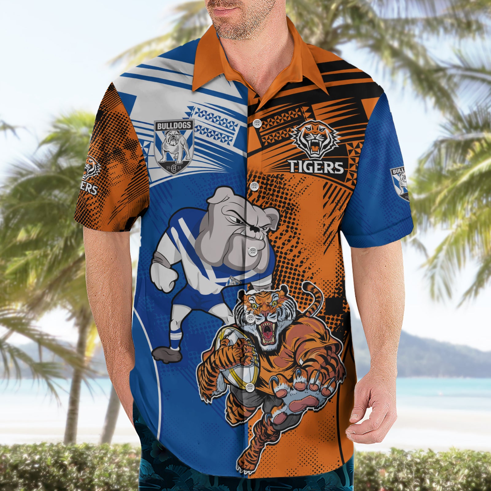 Custom Bulldogs and Tigers Hawaiian Shirt Rugby Mascot With Sporty Style - Vibe Hoodie Shop