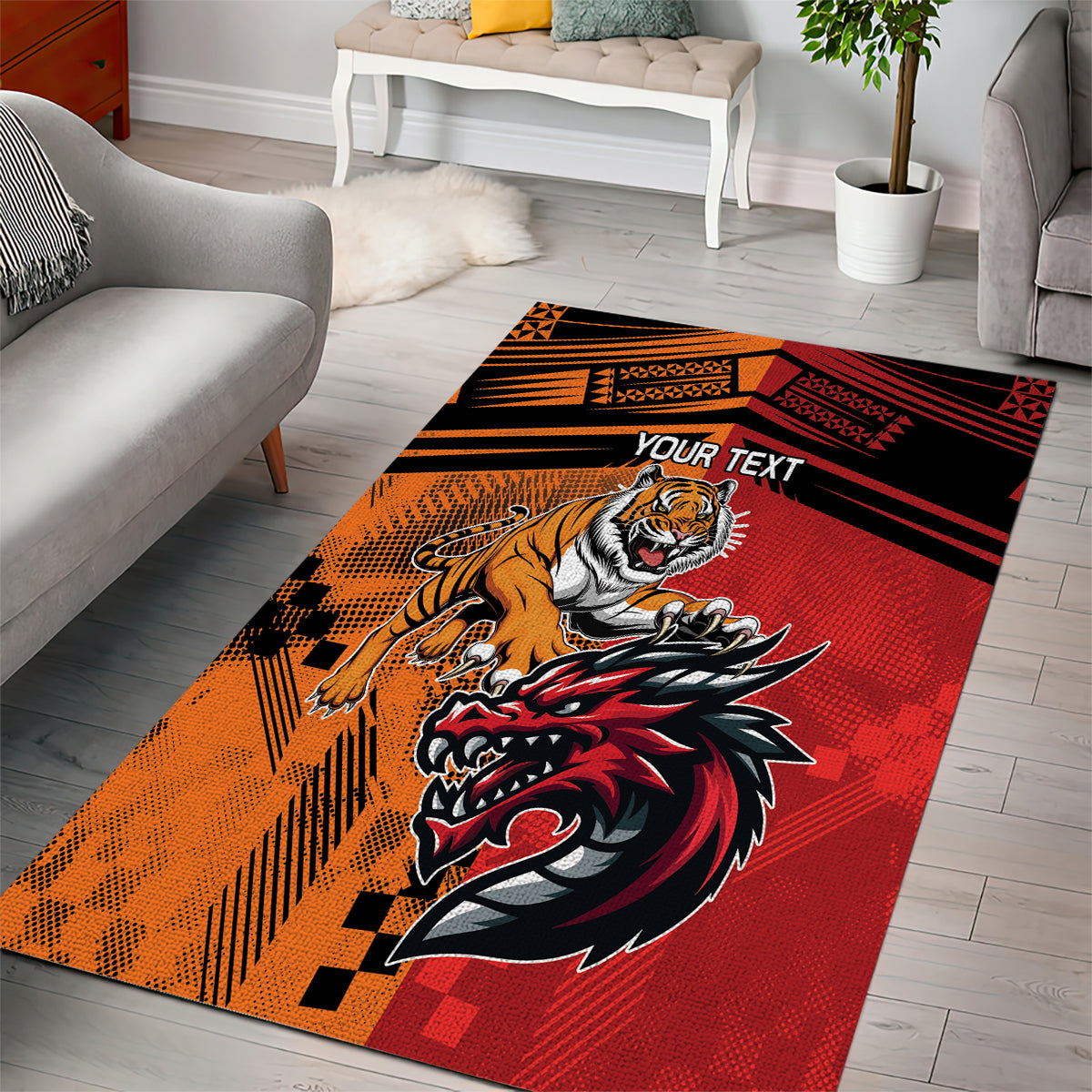 Custom Dragons and Tigers Area Rug Rugby Mascot With Sporty Style - Vibe Hoodie Shop