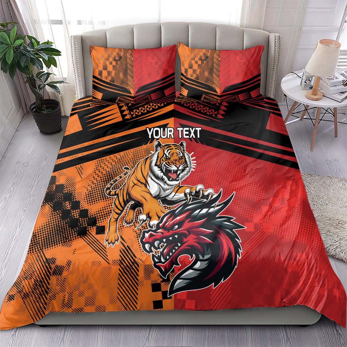 Custom Dragons and Tigers Bedding Set Rugby Mascot With Sporty Style - Vibe Hoodie Shop