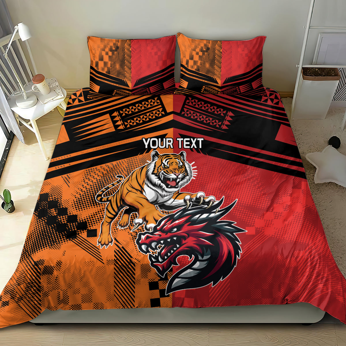 Custom Dragons and Tigers Bedding Set Rugby Mascot With Sporty Style - Vibe Hoodie Shop