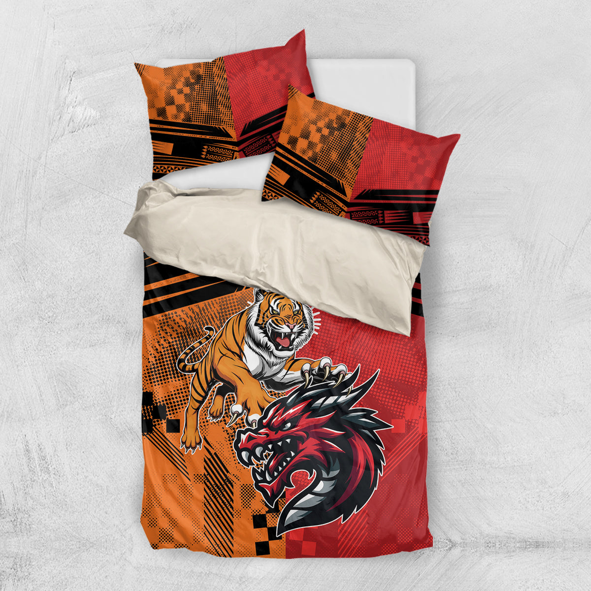 Custom Dragons and Tigers Bedding Set Rugby Mascot With Sporty Style - Vibe Hoodie Shop