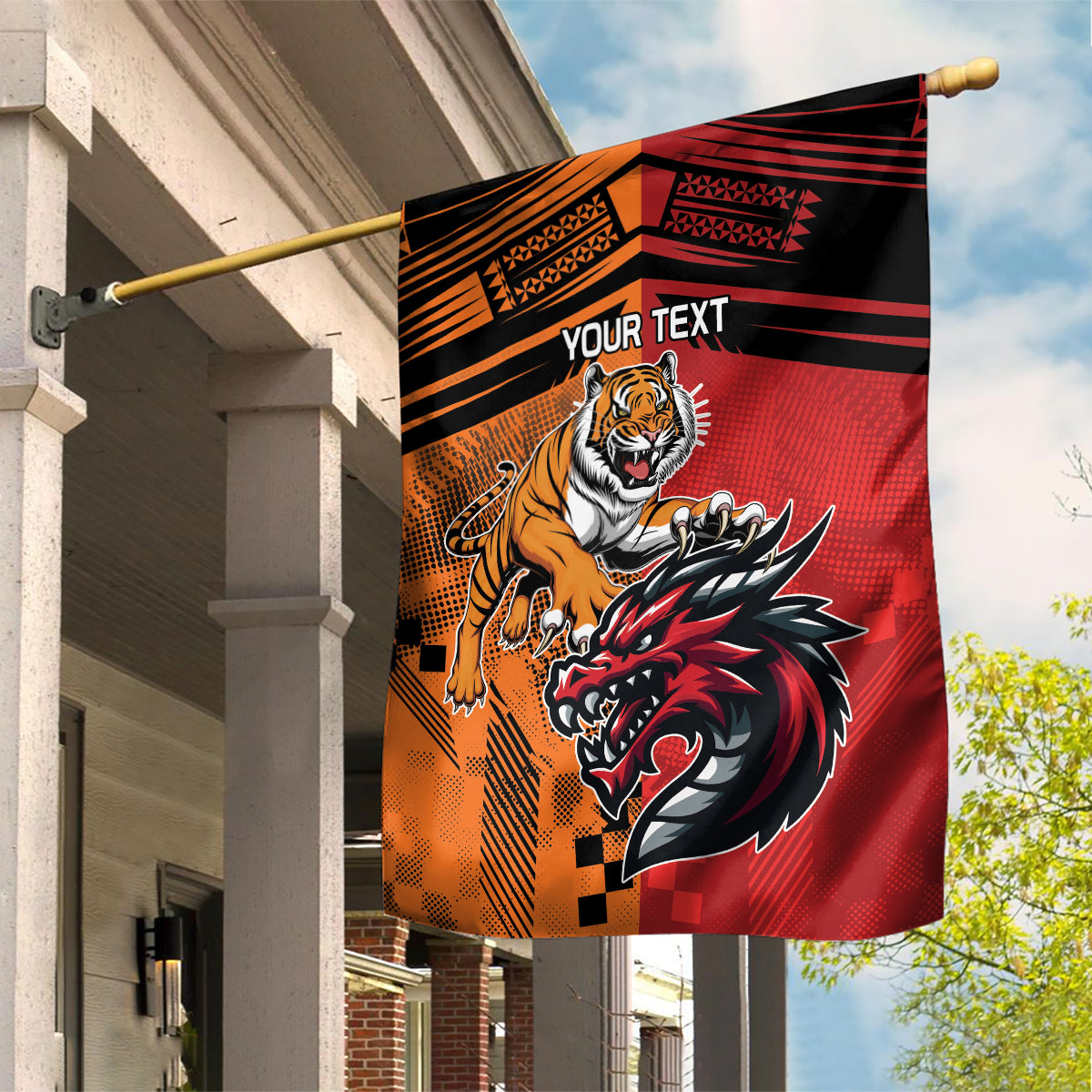 Custom Dragons and Tigers Garden Flag Rugby Mascot With Sporty Style - Vibe Hoodie Shop