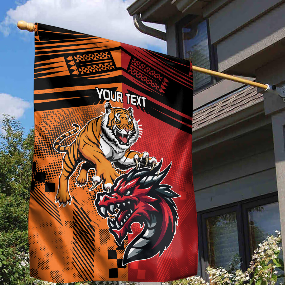 Custom Dragons and Tigers Garden Flag Rugby Mascot With Sporty Style - Vibe Hoodie Shop