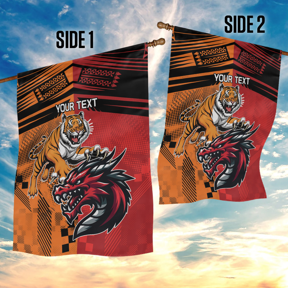 Custom Dragons and Tigers Garden Flag Rugby Mascot With Sporty Style - Vibe Hoodie Shop