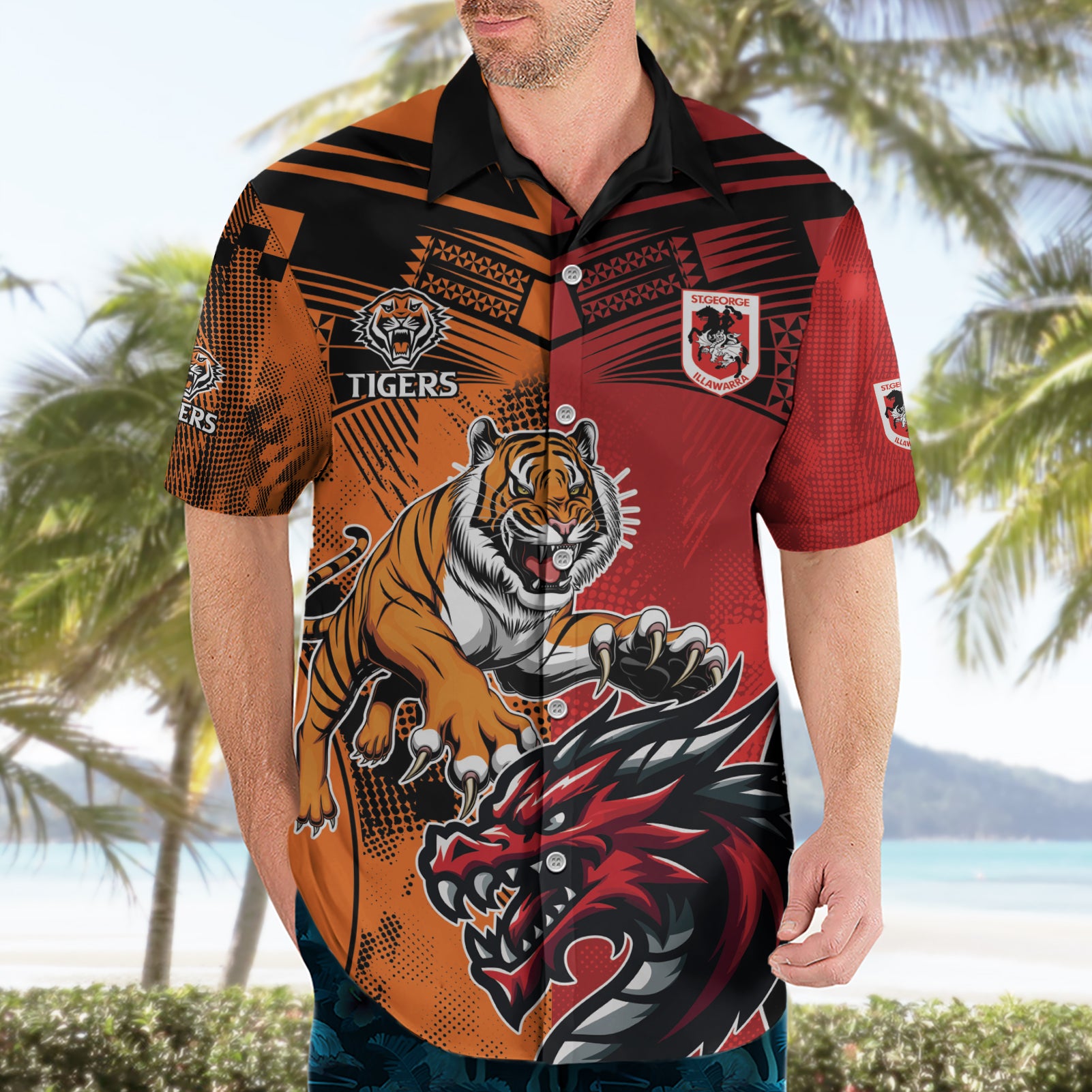 Custom Dragons and Tigers Hawaiian Shirt Rugby Mascot With Sporty Style - Vibe Hoodie Shop