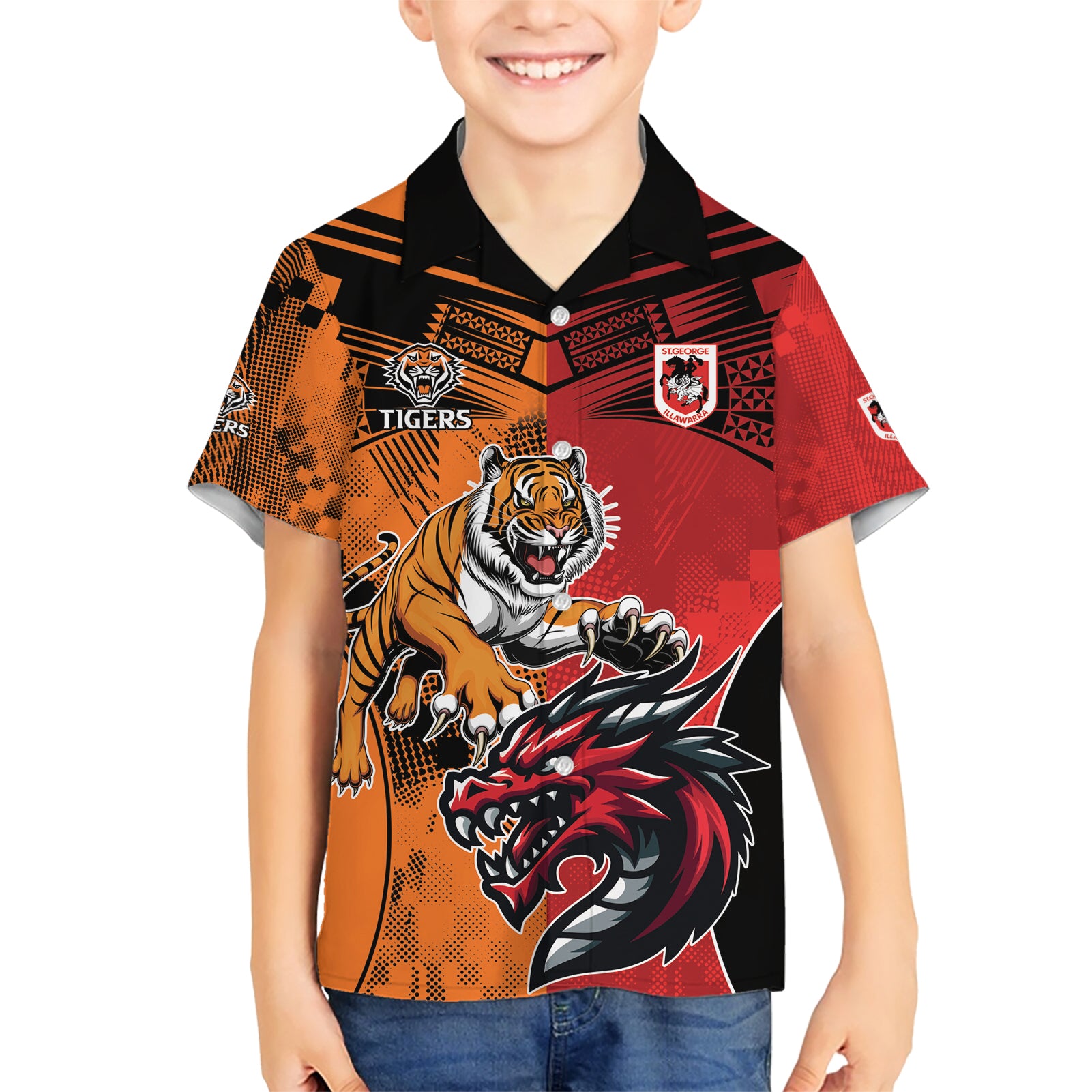 Custom Dragons and Tigers Hawaiian Shirt Rugby Mascot With Sporty Style - Vibe Hoodie Shop