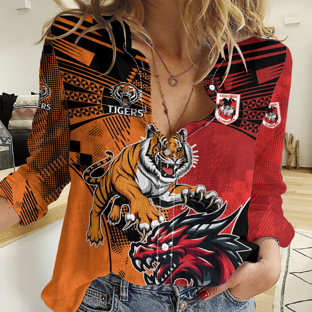 Custom Dragons and Tigers Women Casual Shirt Rugby Mascot With Sporty Style - Vibe Hoodie Shop